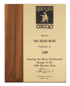 Van Halen 1984 ASCAP Most Performed Song Of The 1984 Survey Year Award Presented to Van Halen Music For Jump