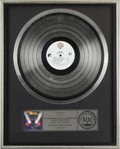 ZZ Top 1983 Eliminator RIAA Platinum Record Award Presented to ZZ Top