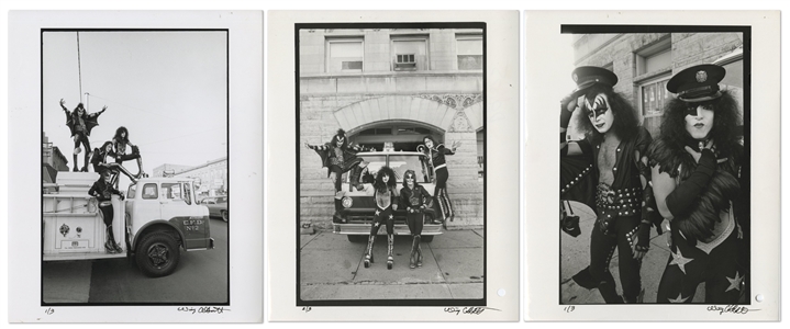 KISS 1975 Lot of Three BW 8 x 10 Prints of KISS With The Cadillac Fire Department