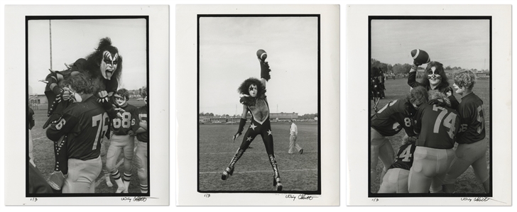 KISS 1975 Lot of Three BW 8 x 10 Prints of KISS On The Cadillac High School Football Field With Players