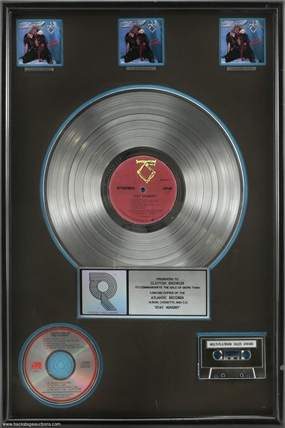 Twisted Sister 1984 Stay Hungry RIAA Triple Platinum Record Award Issued To Clayton Knowles