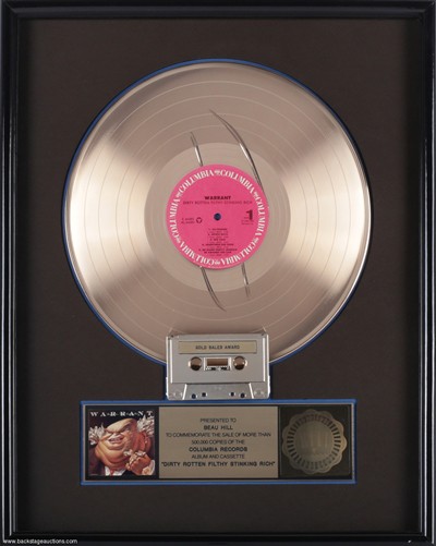 Warrant 1989 Dirty Rotten Filthy Stinking Rich RIAA Gold Sales Award Presented to Beau Hill