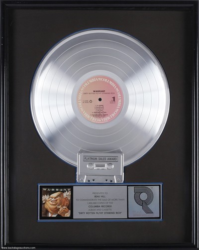 Warrant 1989 Dirty Rotten Filthy Stinking Rich RIAA Platinum Sales Award Presented to Beau Hill