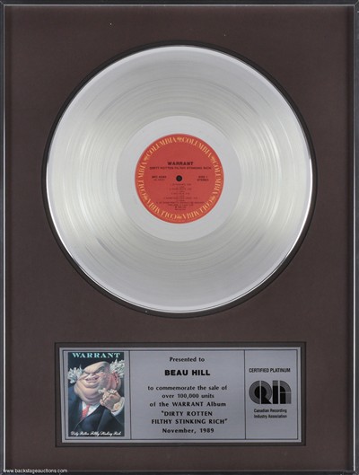 Warrant 1989 Dirty Rotten Filthy Stinking Rich Canada CRIA Platinum Record Award Presented to Beau Hill