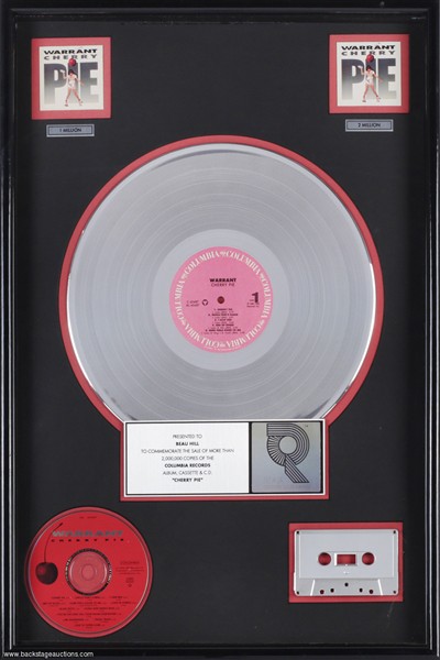Warrant 1990 Cherry Pie RIAA 2x Platinum Sales Award Presented to Beau Hill 