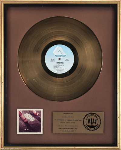 The Kinks 1979 Low Budget RIAA Gold Record Award Presented to Bob Ludwig w/ COA