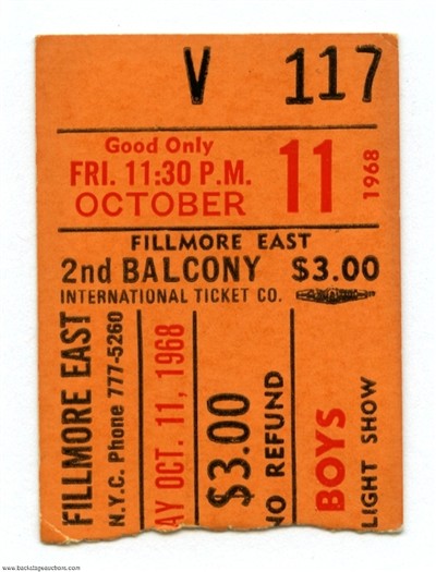 The Beach Boys Creedence Clearwater Revival 1968 Original Fillmore East Concert Ticket Stub