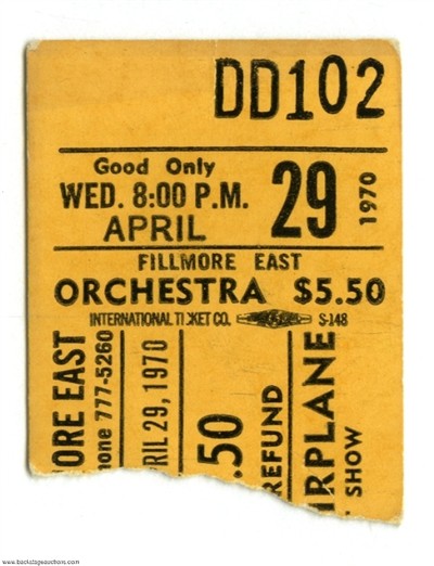 1970 Original Fillmore East Concert Ticket Stub Possibly Jefferson Airplane