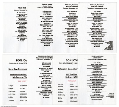 Bon Jovi 2018 Japan & Australia Tour Set of 6 Setlists 