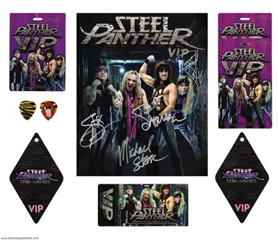 Steel Panther 2015 - 2024 Signed Band Photo, VIP Passes & Guitar Picks Lot