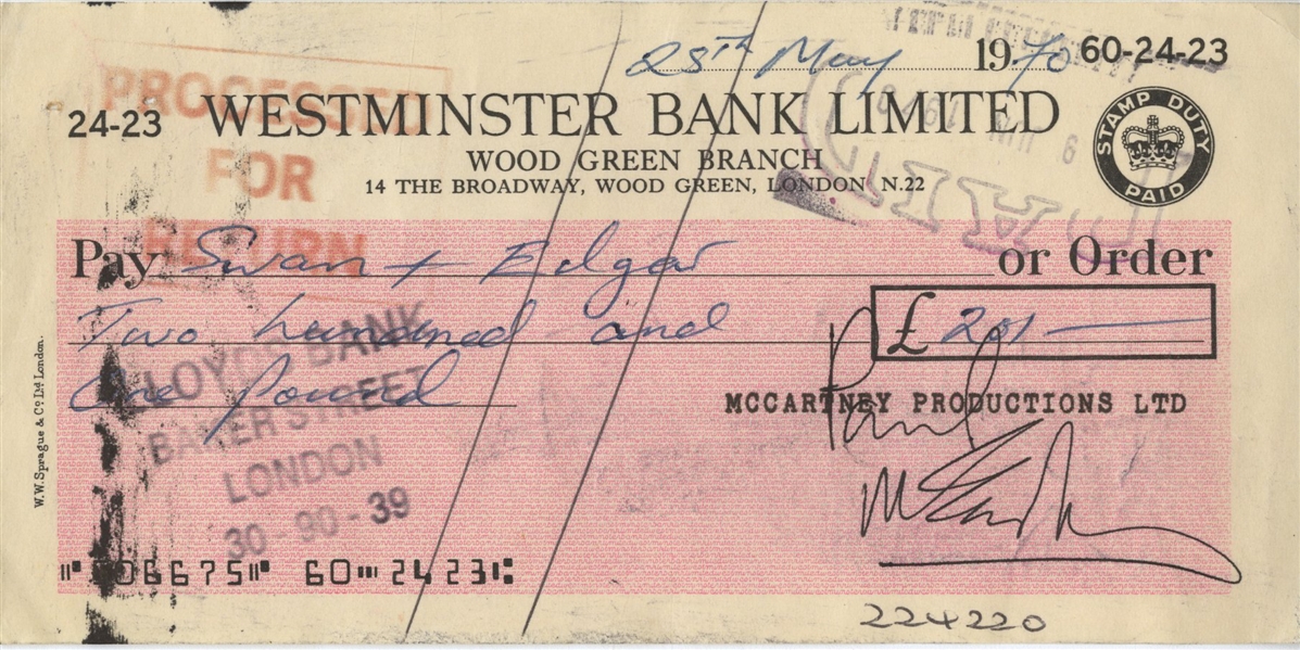 Paul McCartney Signed 1970 Bank Check w 2 COAs