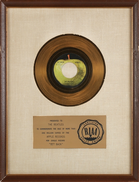 The Beatles “Get Back” RIAA Original White Matte Gold Record Award Presented to “The Beatles"