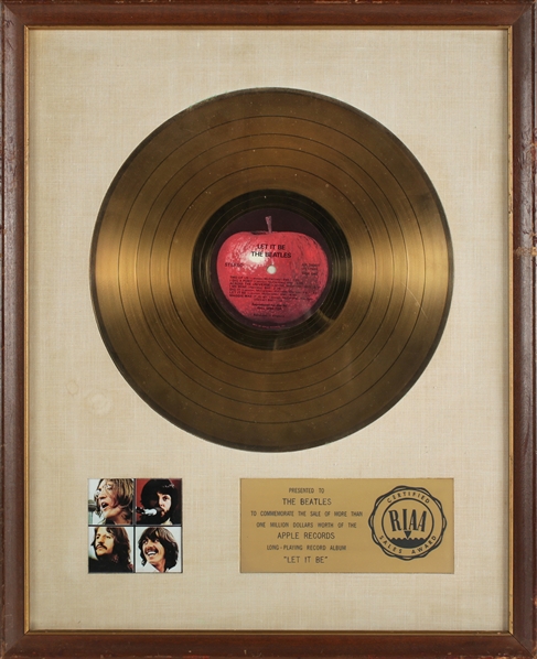 The Beatles “Let it Be” RIAA Original White Matte Gold Record Award Presented to “The Beatles"