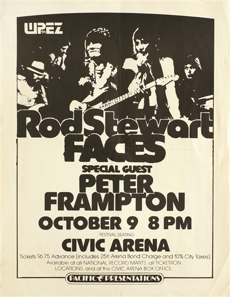 Rod Stewart Faces 1975 Vintage Pittsburgh Poster With Machine Folds