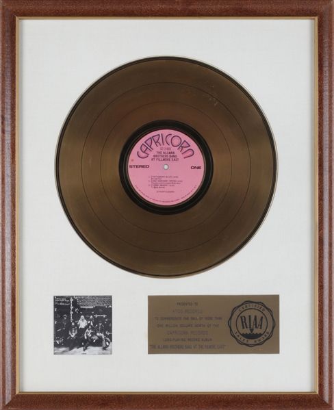 Allman Brothers Band 1971 At Fillmore East RIAA Gold Record White Matte Award Presented to ATCO Records