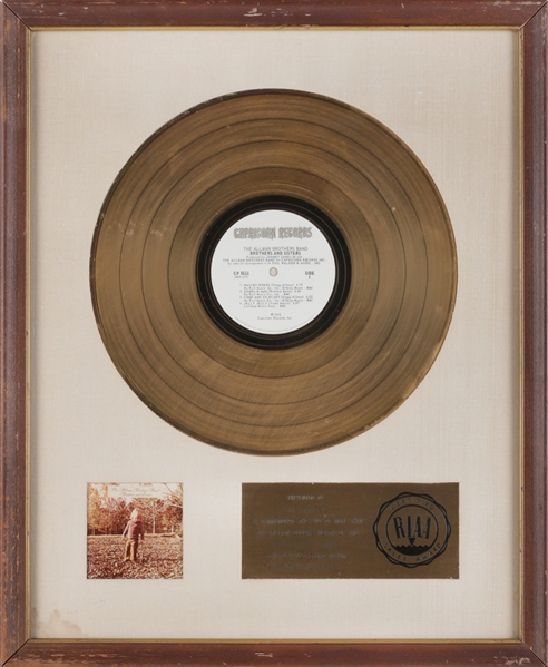 Allman Brothers Band 1973 Brothers and Sisters RIAA Gold Record White Matte Award Presented to Phil Walden