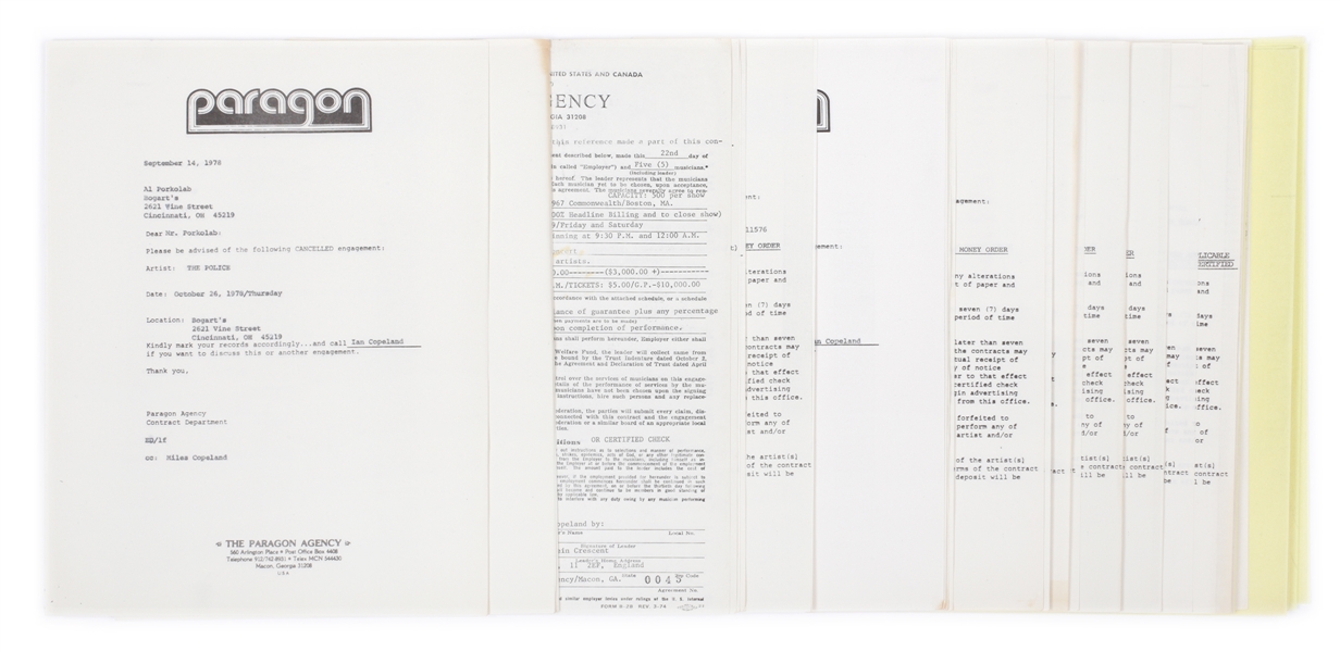 The Police 1978 Concert Contracts & Correspondence Lot-Paragon Agency (Groups First US Tour)