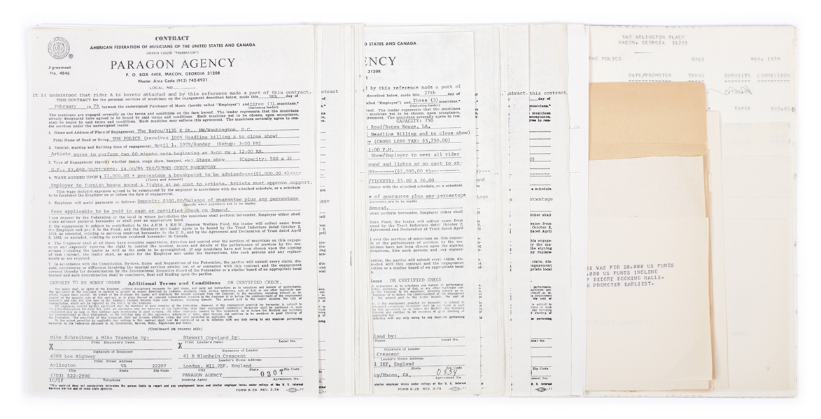 The Police 1979 Concert Contracts, Correspondence & Accounting Lot-Paragon Agency
