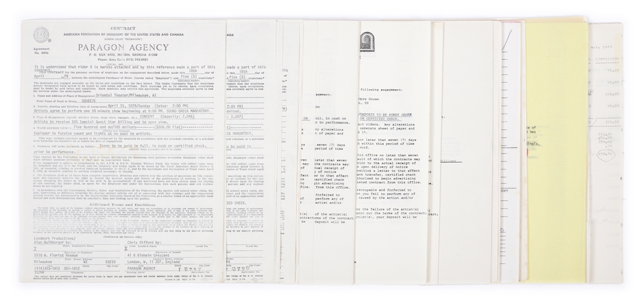 
Squeeze 1979 Concert Contracts, Correspondence & Accounting Lot-Paragon Agency