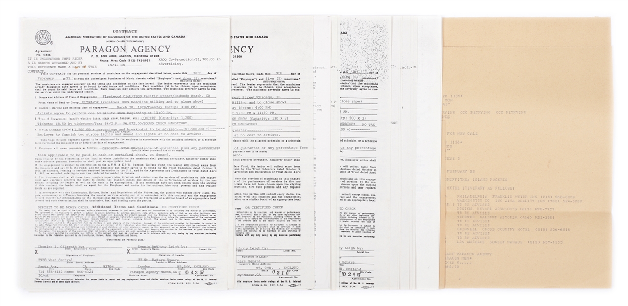 Ultravox 1979 Concert Contracts & Correspondence Lot-Paragon Agency
