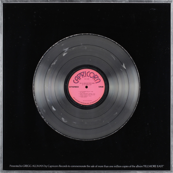 Allman Brother Band 1971 At Fillmore East In-House Platinum Record Award Presented to Gregg Allman