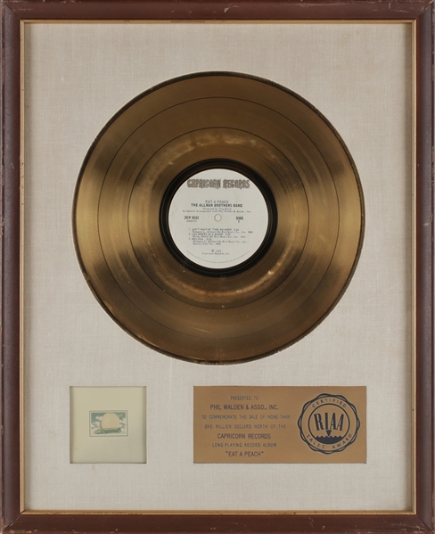 Allman Brothers Band 1972 Eat A Peach RIAA White Matte Gold Record Award Presented to Phil Walden & Asso.
