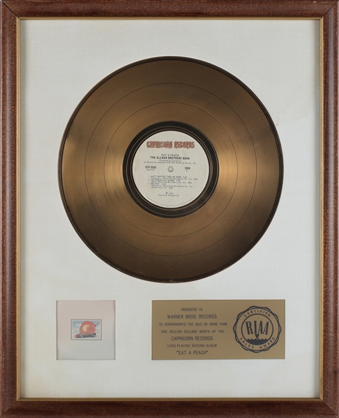 Allman Brothers Band 1972 Eat A Peach RIAA White Matte Gold Record Award Presented to Warner Bros Records
