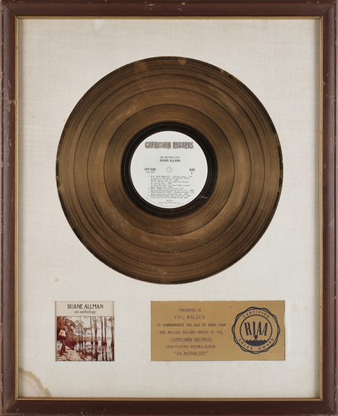Allman Brothers 1972 Duane Allman An Anthology RIAA White Matte Gold Record Award Presented to Phil Wald