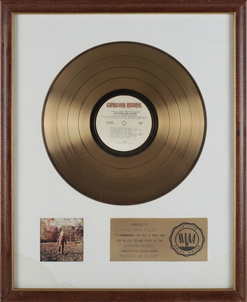 Allman Brothers Band 1973 Brothers and Sisters RIAA White Matte Gold Record Award Presented to Warner Bros Records