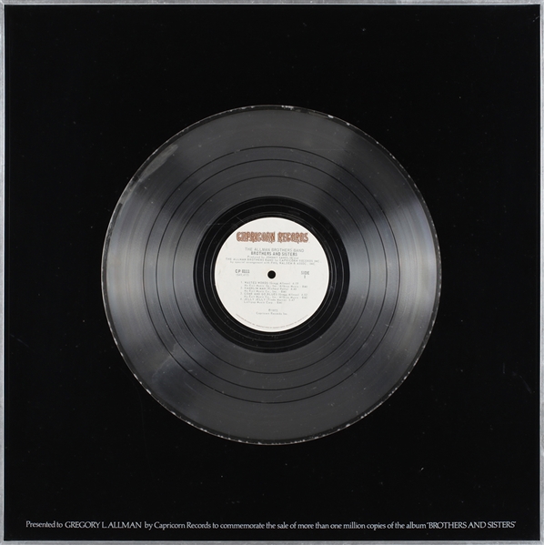 Allman Brother Band 1973 Brothers and Sisters In-House Platinum Record Award Presented to Gregg Allman