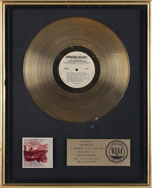 Allman Brothers Band 1975 Win, Lose or Draw RIAA Gold Record Award Presented to Phil Walden