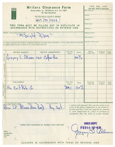 The Allman Brothers Band 1970 Gregg Allman Signed BMI Writers Clearance Form For "Midnight Rider" w/ COA