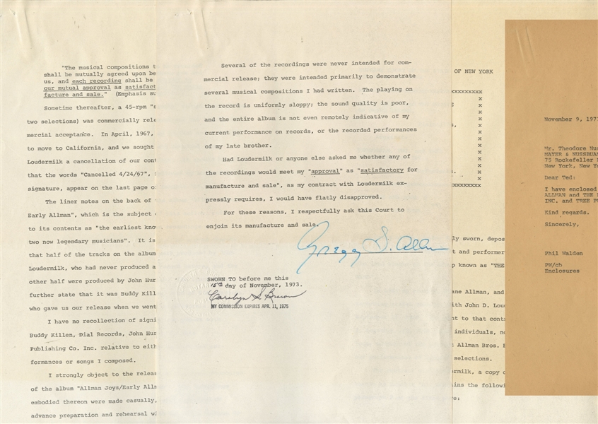Gregg Allman 1973 Signed Affidavit Allman vs Phonogram w/ COA