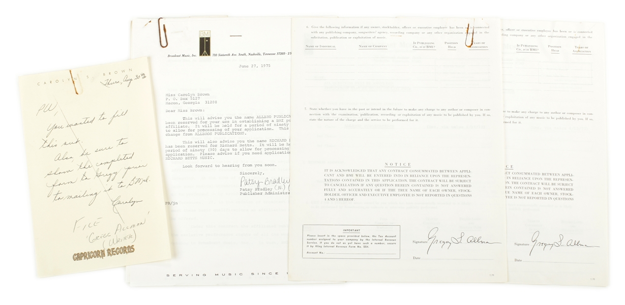 Gregg Allman 1973-1975 Twice Signed BMI Publishing Administration Forms w/ COA