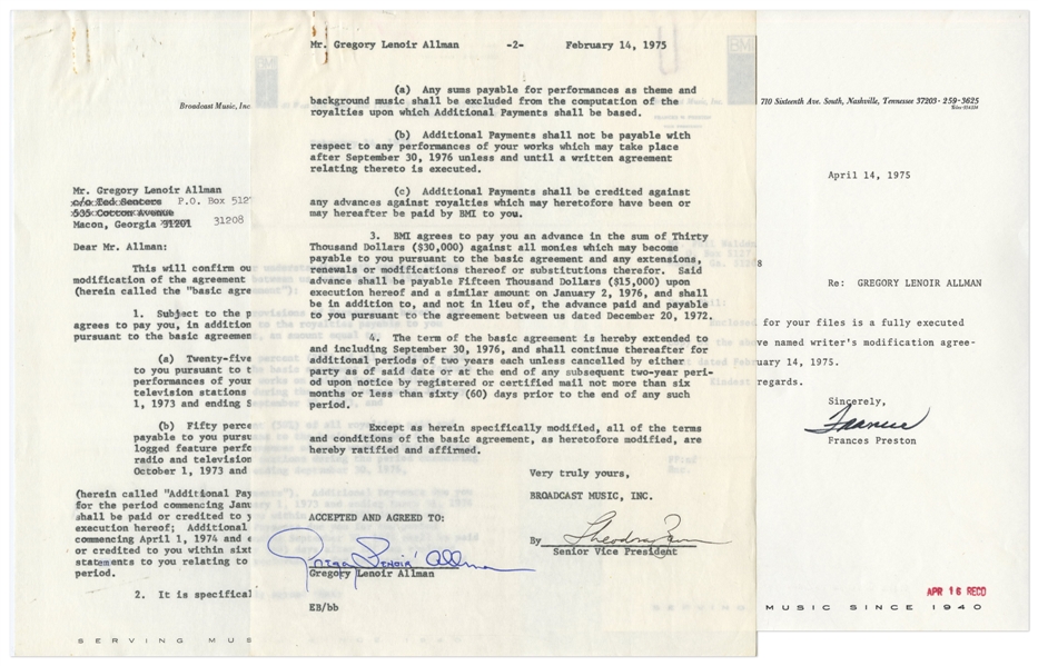 Gregg Allman 1975 Signed BMI Writers Modification Agreement w/ COA