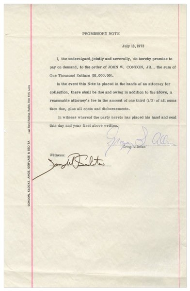 Gregg Allman 1973 Signed Promissory Note w/ COA