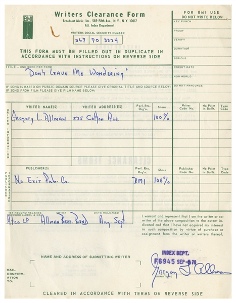 The Allman Brothers Band 1970 Gregg Allman Signed Writers Clearance Form For "Dont Leave Me Wondering"
