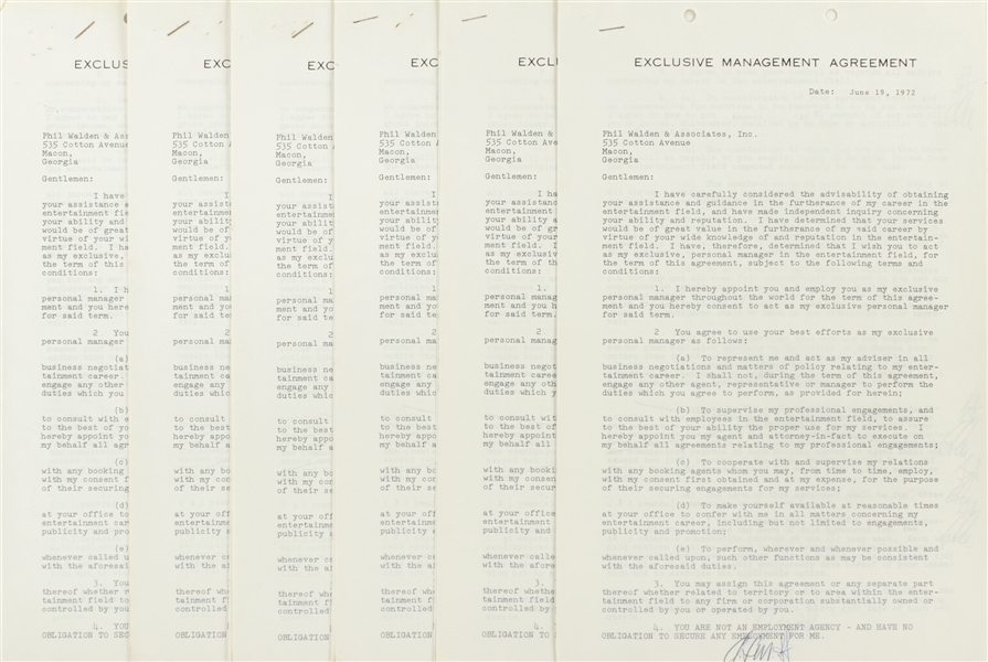 The Marshall Tucker Band 1972 Six Individual Band Member Signed Management Agreements w/ COA