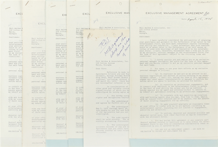 The Marshall Tucker Band 1975-1978 Individual Band Member Signed Management Agreements With Band Signed Extension Document w/ COA