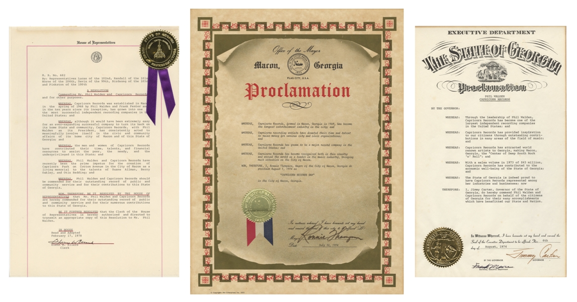Phil Walden 1974-1978 Lot of 3 Official Proclamations