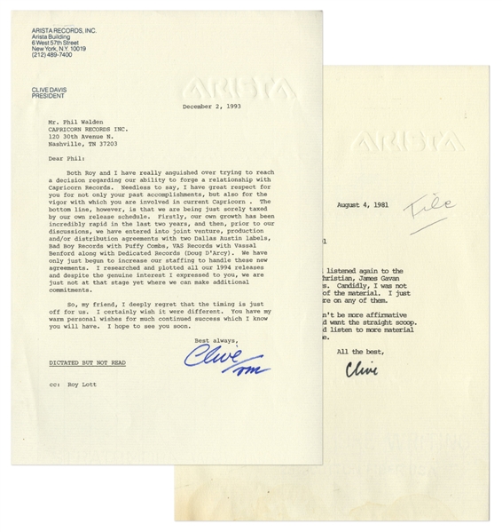 Clive Davis 1993 Two Letters From Arista Records To Capricorn