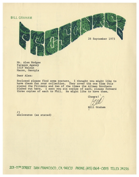Bill Graham 1973 Bill Graham Signed Letter With Contract, Rider, and Correspondance for an Allman Brothers Band Show