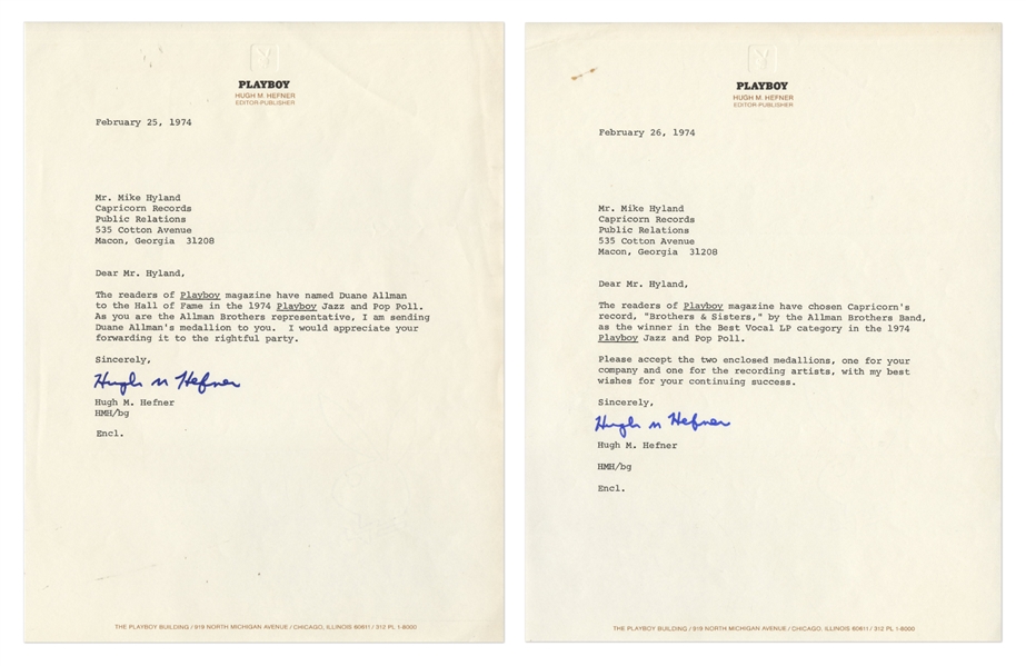 Hugh Hefner 1974 Lot of Two Signed Letters To Capricorn Records