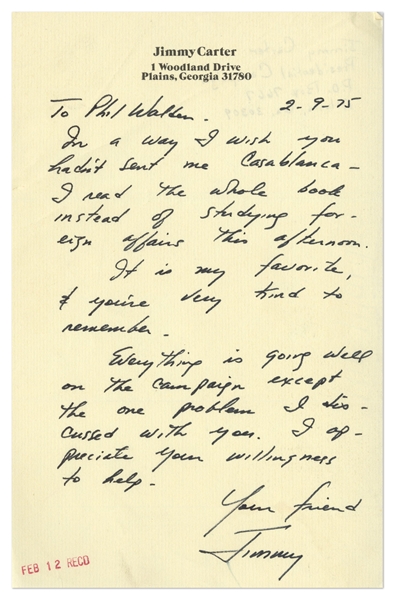 Jimmy Carter 1975 Personal Letter On Personal Letterhead To Phil Walden