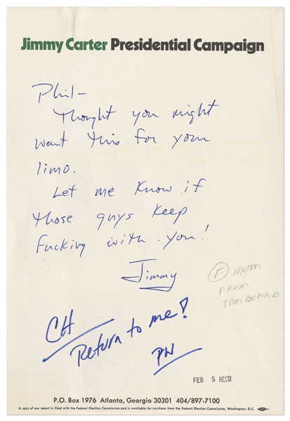 Jimmy Carter 1977-1981 Signed Letter From Jimmy Carter To Phil Walden
