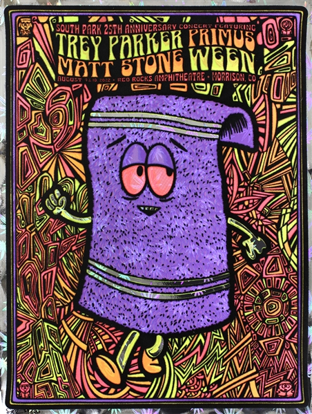 Primus / Ween 2022 South Park 25th Anniversary Black Light Towelie Poster