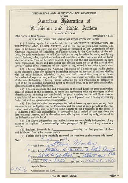 Stevie Wonder 1963 Signed American Federation of TV & Radio Artists Contract