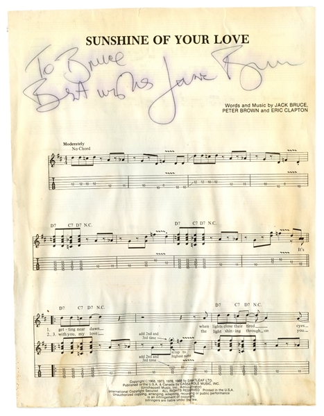 Jack Bruce Signed “Sunshine of your Love” Sheet Music