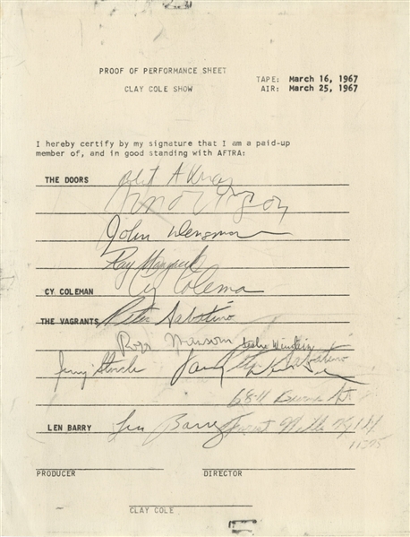 The Doors “Clay Cole Show” March 16, 1967 File Copy Contract