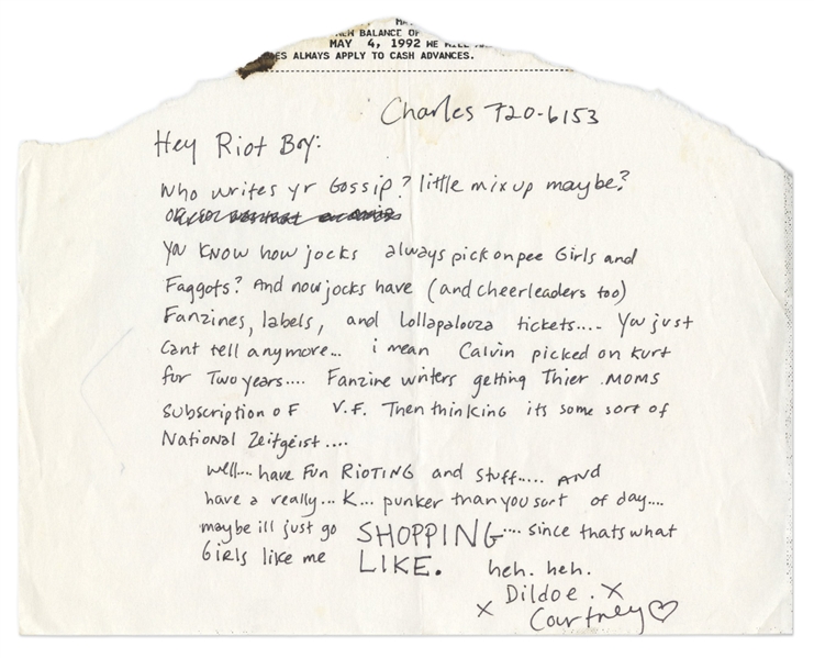 Courtney Love Handwritten & Signed Letter Circa 1992